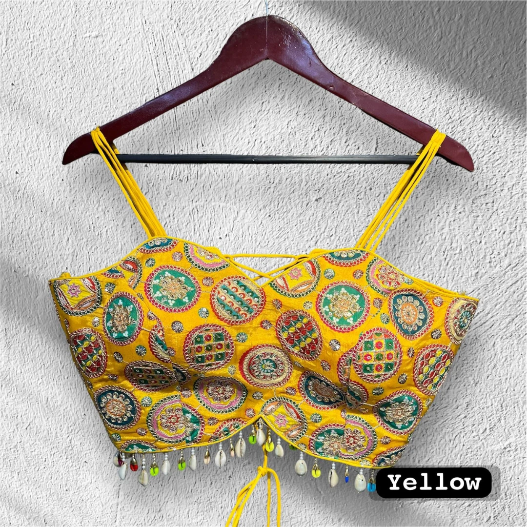 Yellow Colour Navratri Special Spaghetti Style Real Shell Blouse