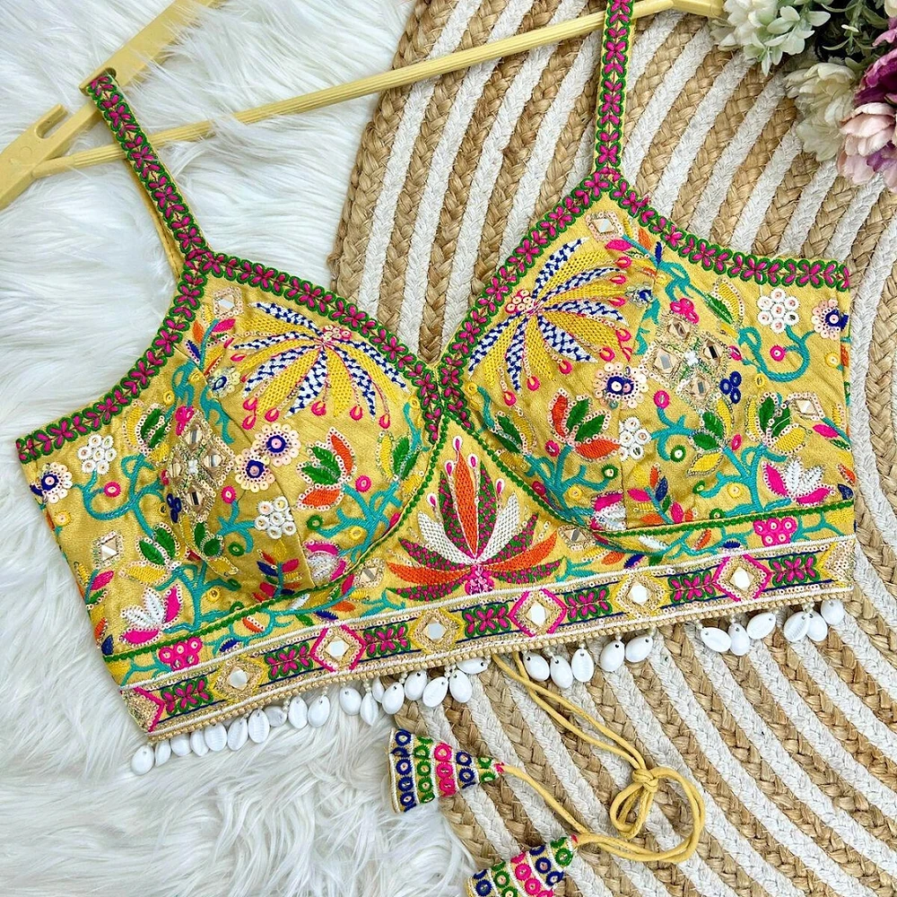 Gold Color Traditional Navratri Special Spaghetti Blouse with Kaudi Lace — view 1