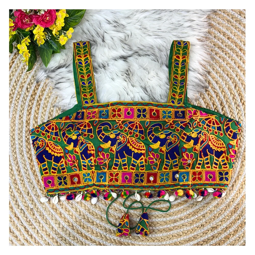 Green Traditional Navratri Special Elephant Spaghetti Blouse — view 1