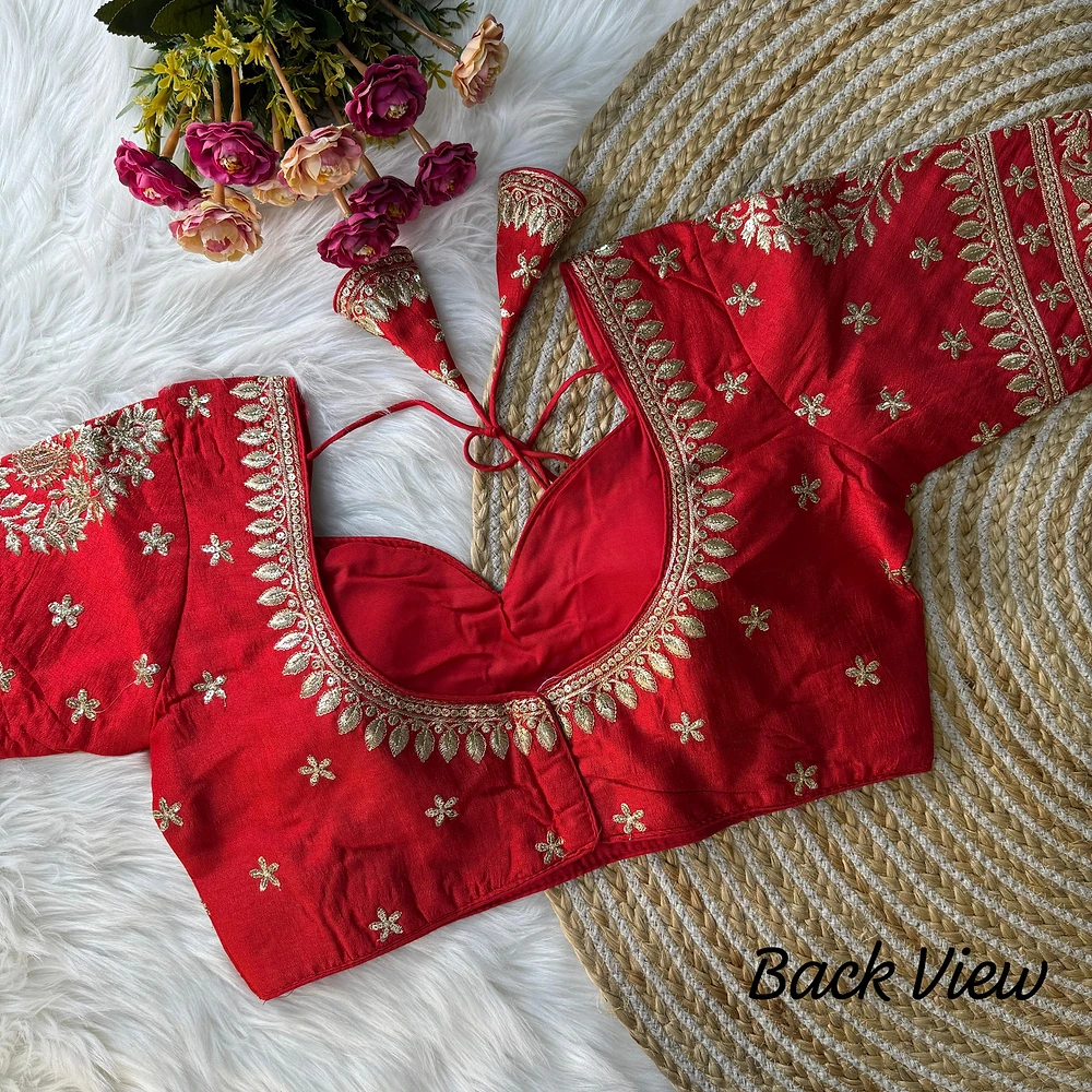 Red Color Bridal Blouse with Jari & Sequin Work — view 2