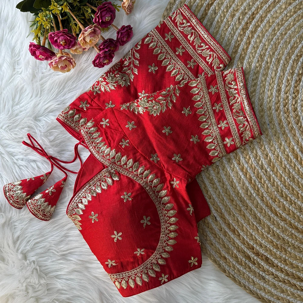 Red Color Bridal Blouse with Jari & Sequin Work — view 3
