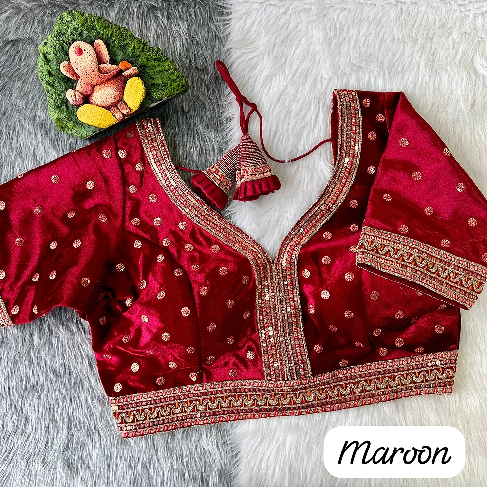 Maroon Color Heavy Velvet Bridal Blouse with Embroidery & Glitter Work — view 1
