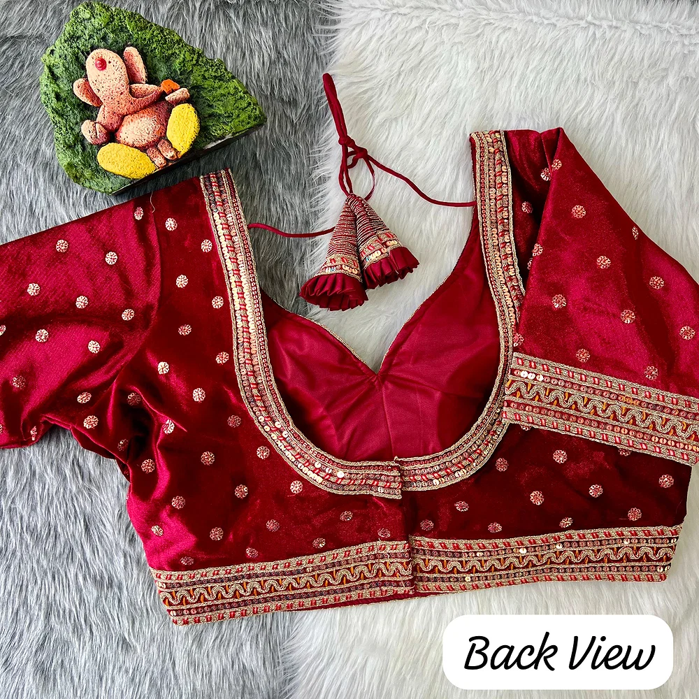 Maroon Color Heavy Velvet Bridal Blouse with Embroidery & Glitter Work — view 2