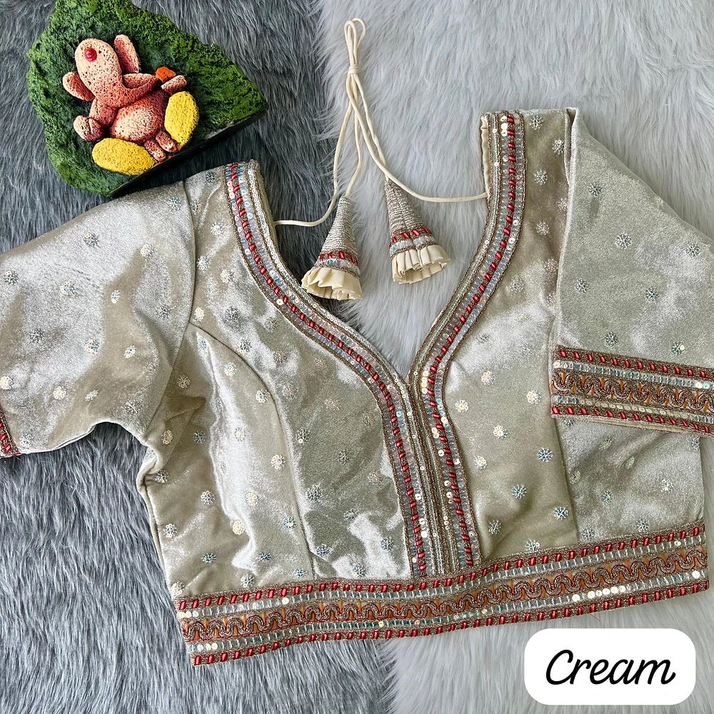Cream Color Heavy Velvet Bridal Blouse with Embroidery & Glitter Work — view 1