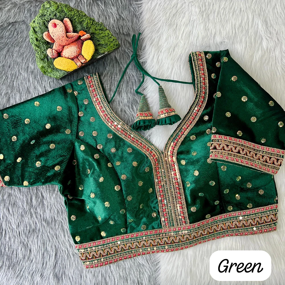 green Color Heavy Velvet Bridal Blouse with Embroidery & Glitter Work — view 1