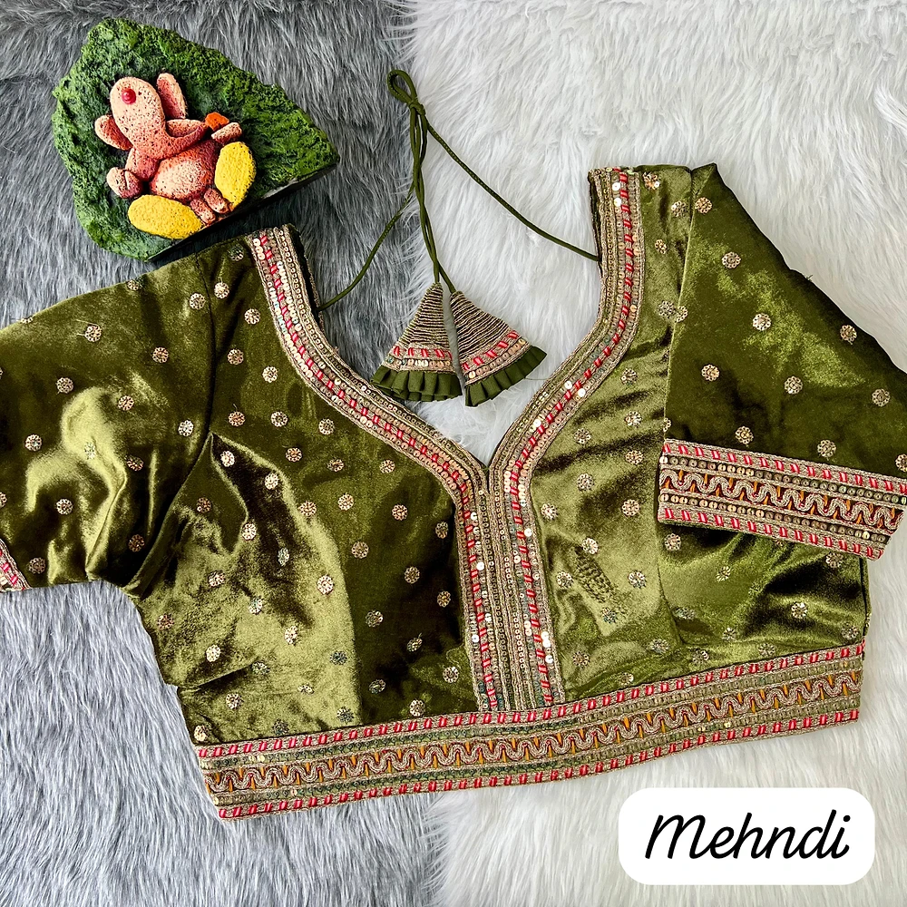 Mehndi Color Heavy Velvet Bridal Blouse with Embroidery & Glitter Work — view 1
