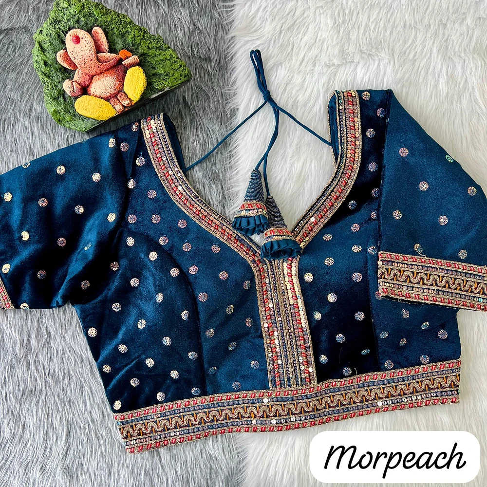 Morepeach Color Heavy Velvet Bridal Blouse with Embroidery & Glitter Work — view 1