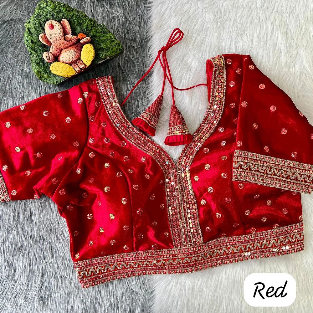 Red Color Heavy Velvet Bridal Blouse with Embroidery & Glitter Work — view 1