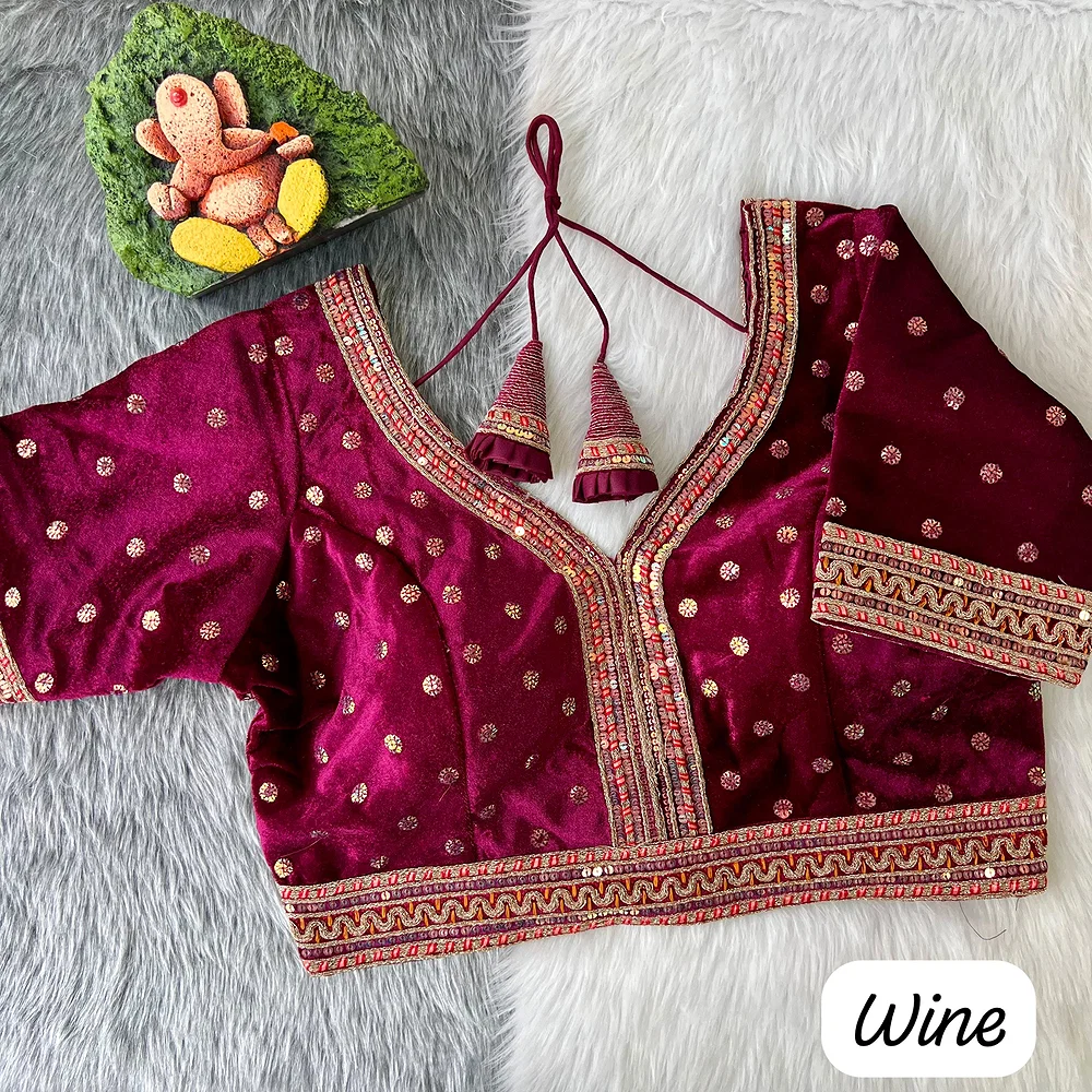 Wine Color Heavy Velvet Bridal Blouse with Embroidery & Glitter Work — view 1