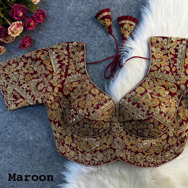 Maroon Color Beautiful Apple-Cut Bridal Blouse with Embroidery