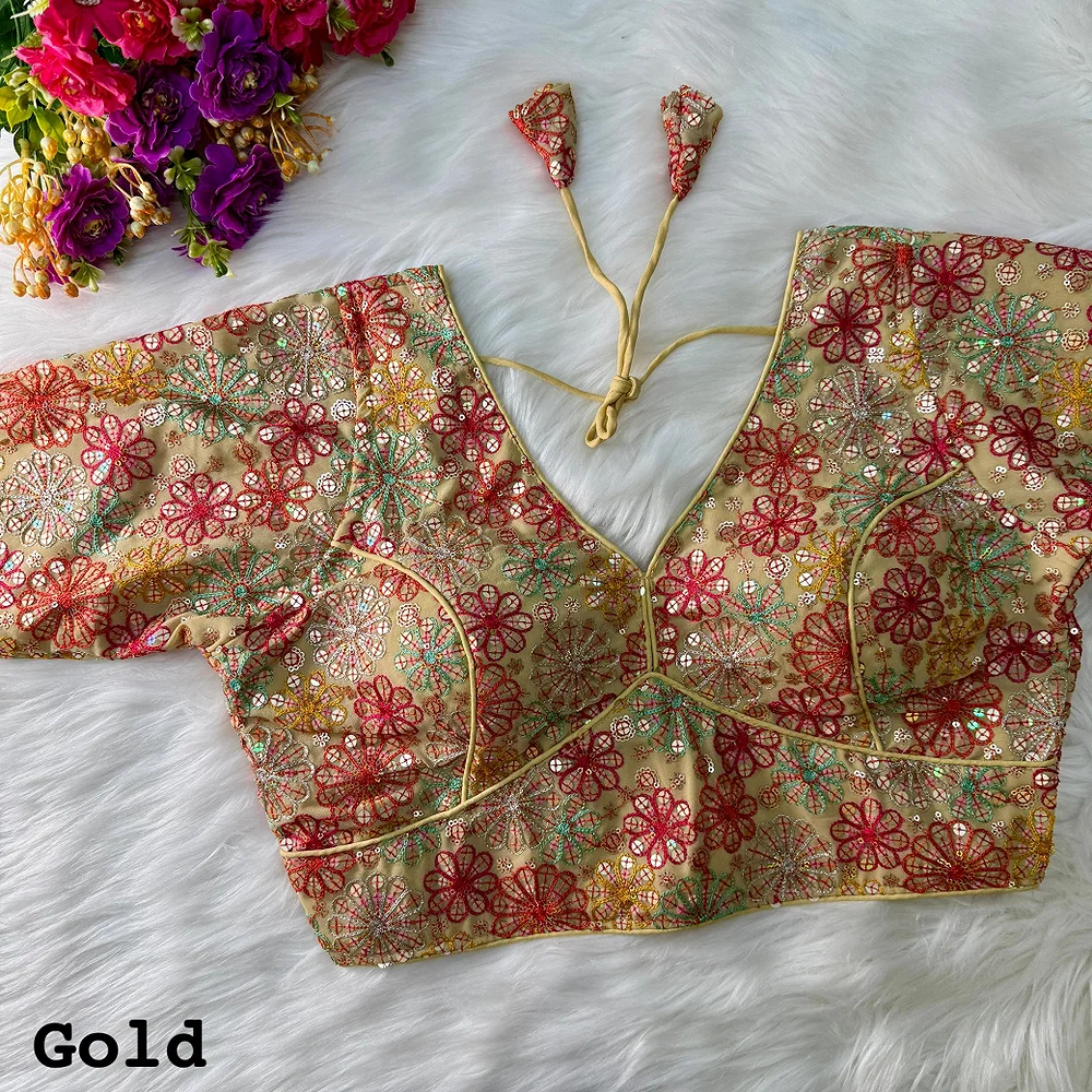 Gold Color Traditional & Partywear Sabyasachi Neck Style Blouse with Multi Work — view 1