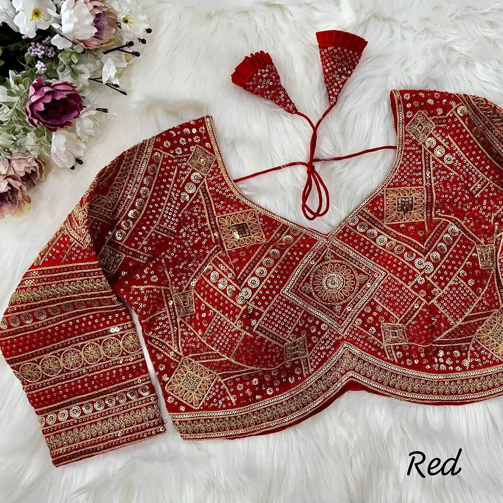 Red Color Beautiful Heavy Long Sleeves Apple-Cut Bridal Blouse — view 1