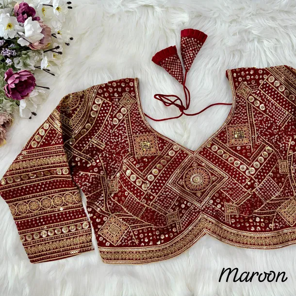 Maroon Color Beautiful Heavy Long Sleeves Apple-Cut Bridal Blouse