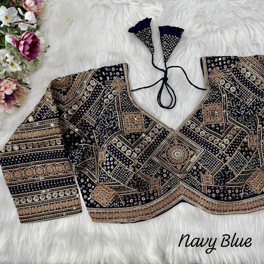 Blue Color Beautiful Heavy Long Sleeves Apple-Cut Bridal Blouse — view 1