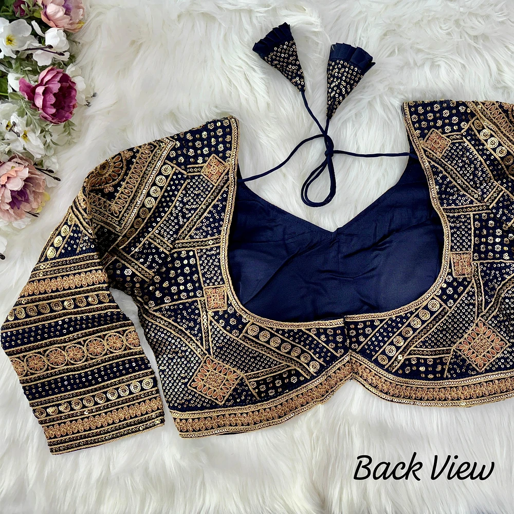 Blue Color Beautiful Heavy Long Sleeves Apple-Cut Bridal Blouse — view 2