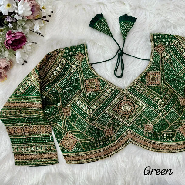 Green Color Beautiful Heavy Long Sleeves Apple-Cut Bridal Blouse