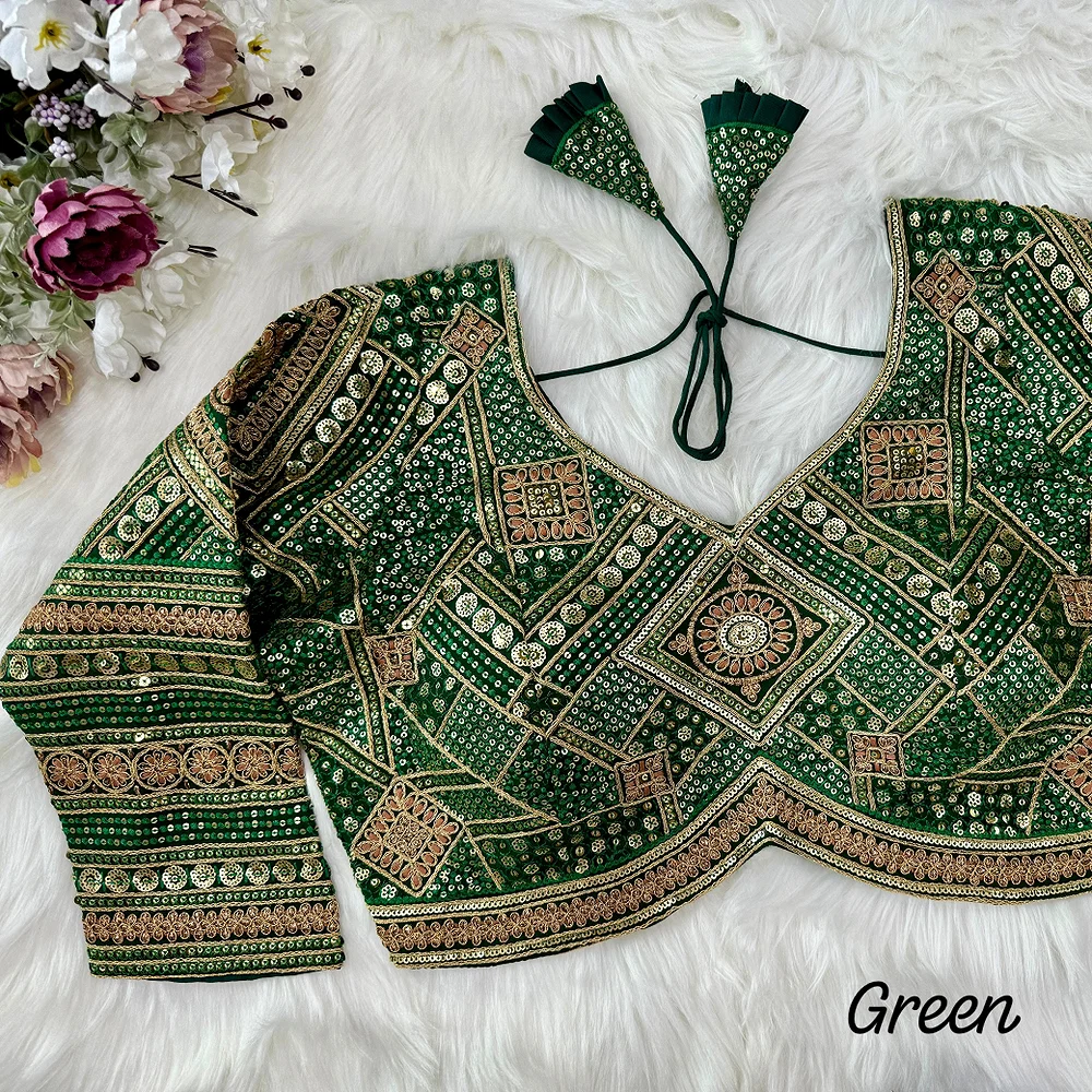 Green Color Beautiful Heavy Long Sleeves Apple-Cut Bridal Blouse — view 1