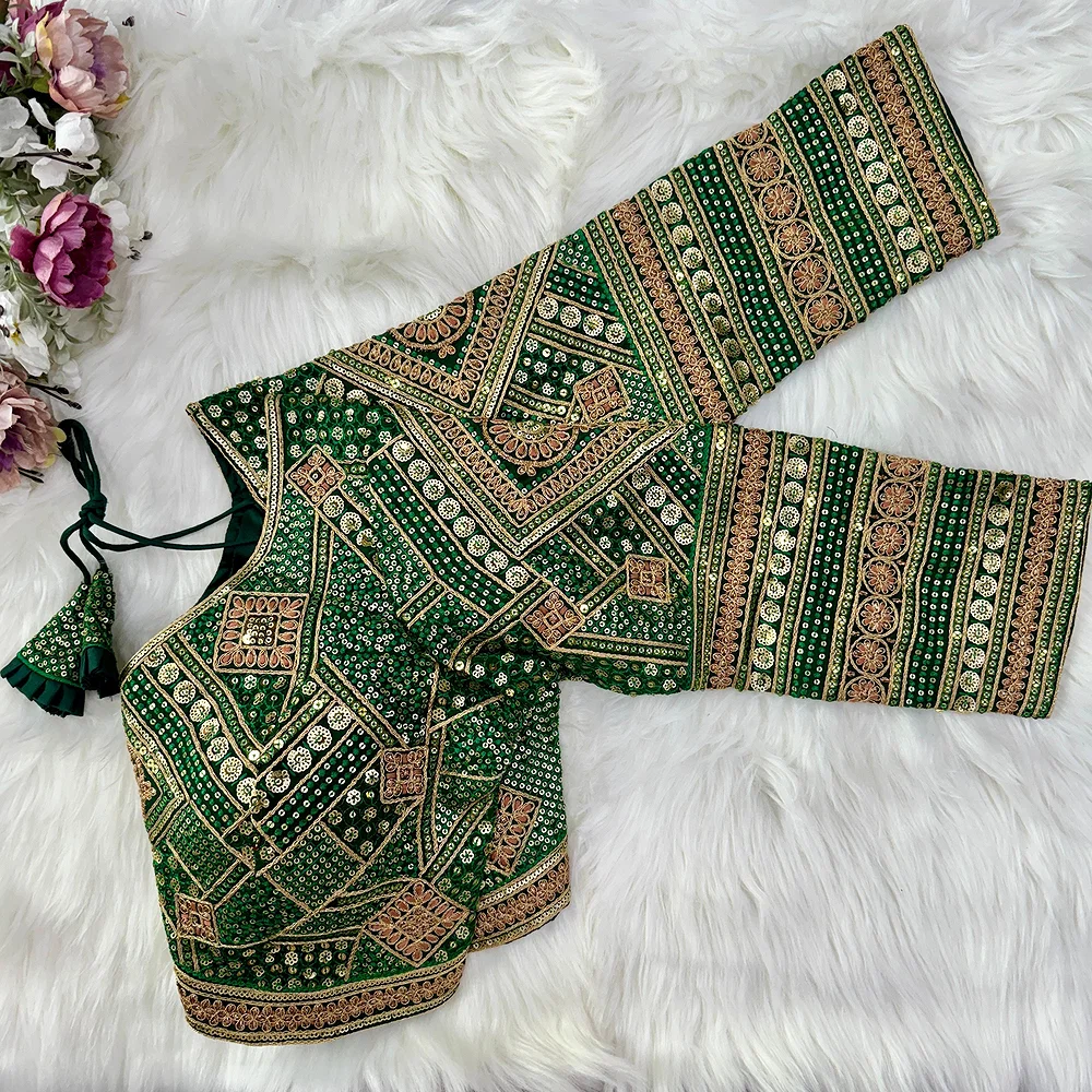 Green Color Beautiful Heavy Long Sleeves Apple-Cut Bridal Blouse — view 2