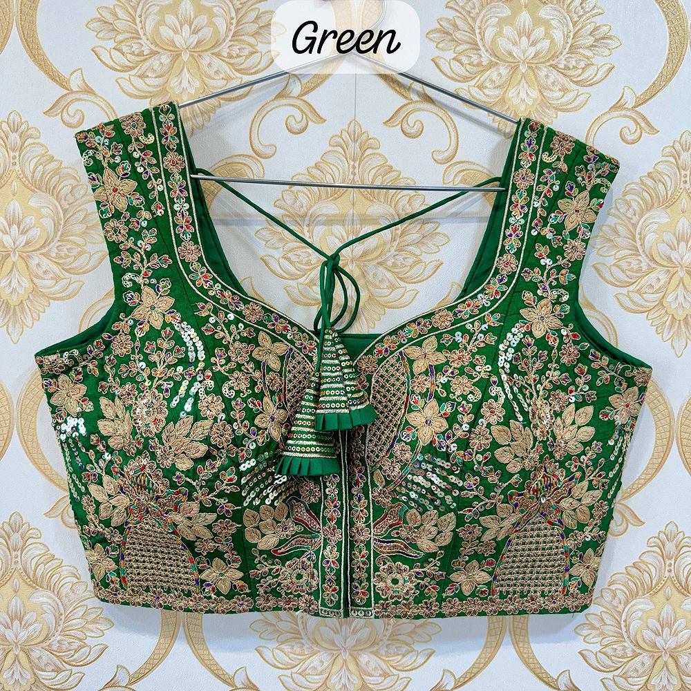 Green Color Beautiful Heavy Embroidery Codding & Thread Work Bridal Blouse — view 1