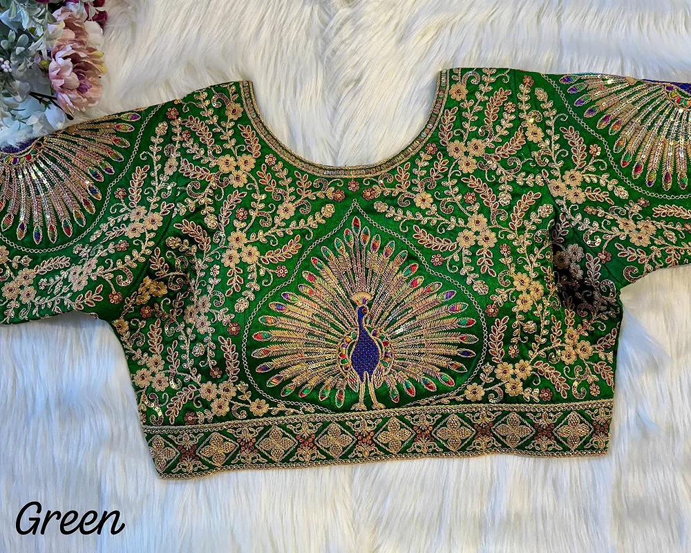 Green Color Heavy Long Stitch Apple-Cut Cording Work Blouse — view 1