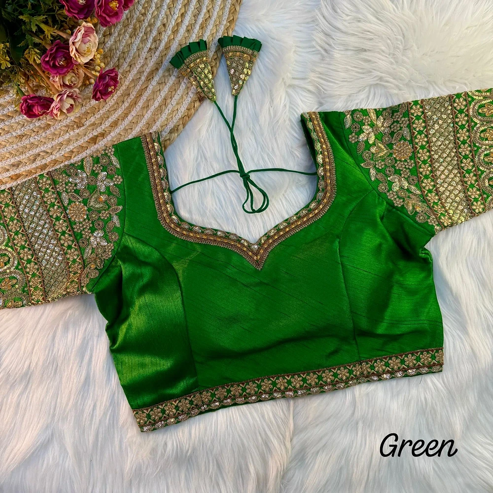 Green Color Bridal Italian Silk Embroidered Blouse — view 1