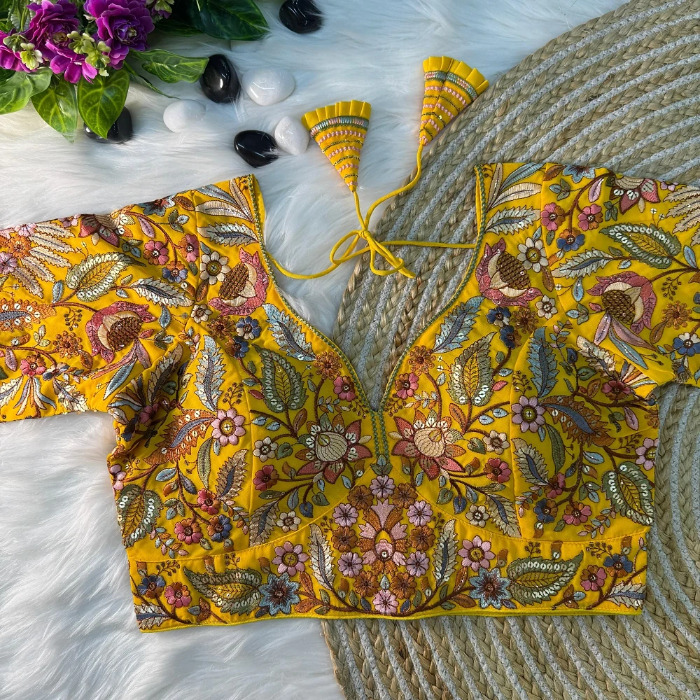 Yellow Color Partywear Georgette Blouse — view 1