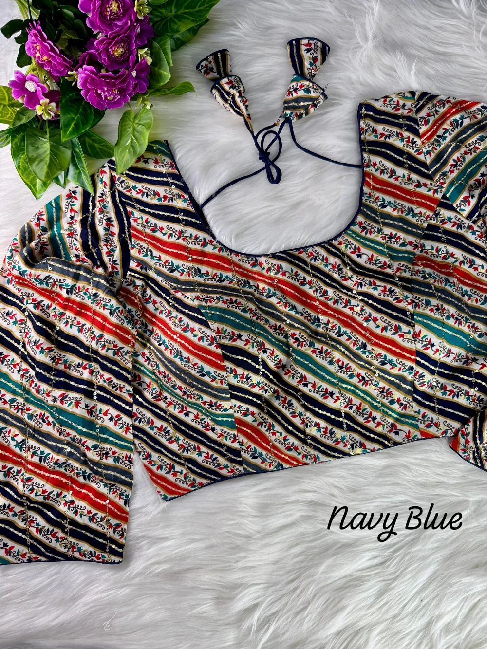 Navy Blue Color Rayon Printed Halter Neck Blouse — view 1