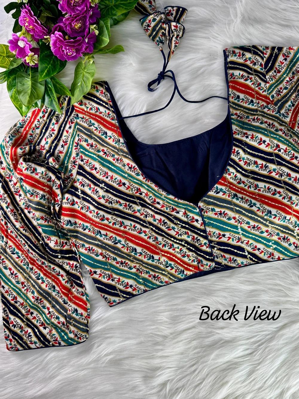 Navy Blue Color Rayon Printed Halter Neck Blouse — view 2