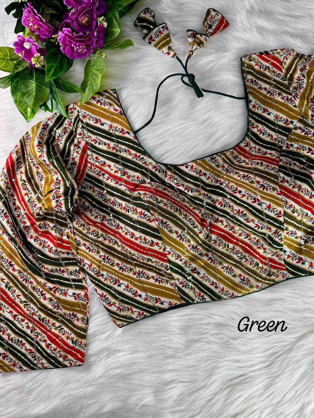 Green Color Rayon Printed Halter Neck Blouse — view 1