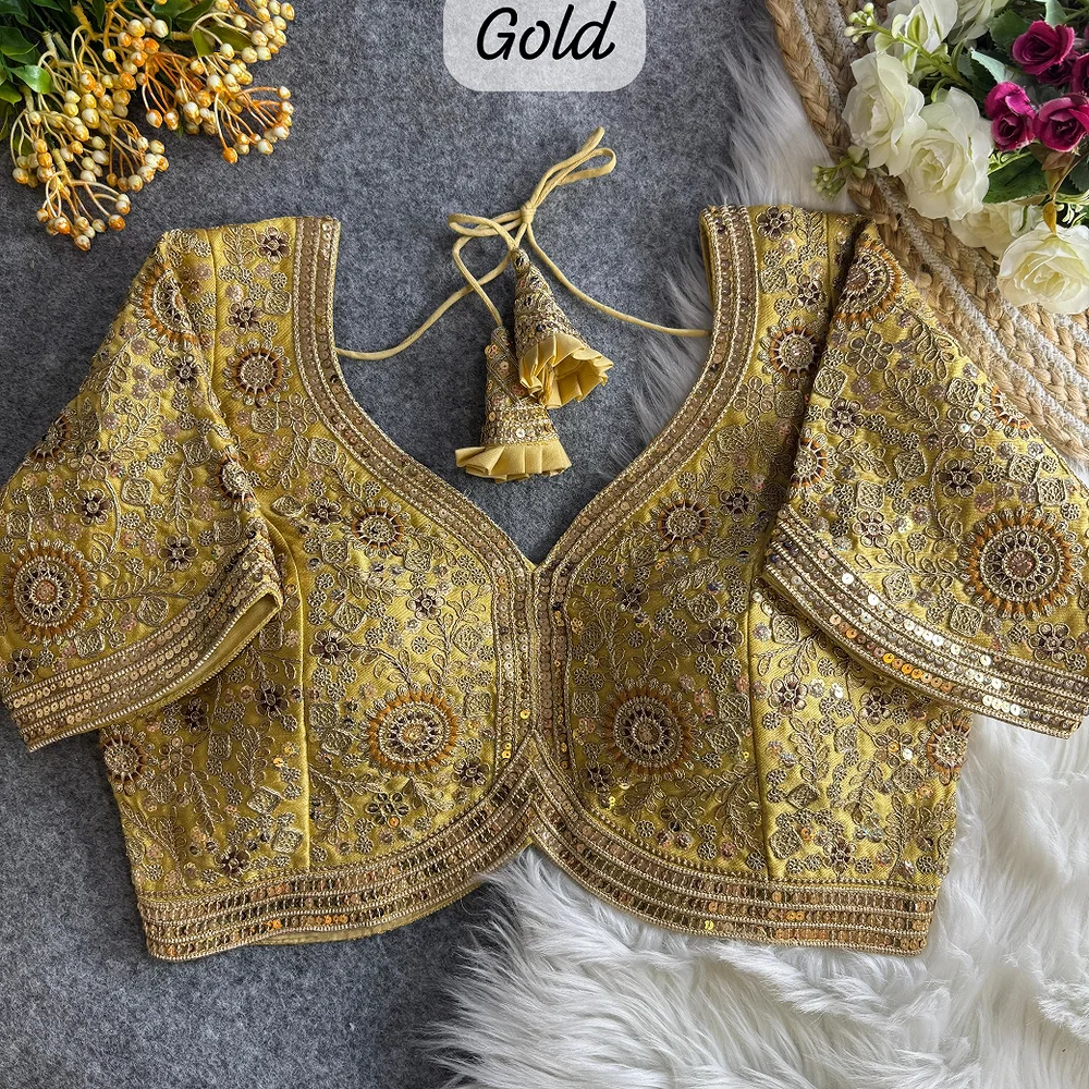 Gold Color Apple Cut Bridal Embroidery Blouse — view 1