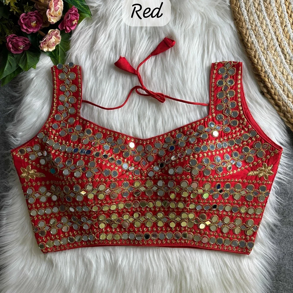 Red Color Real Mirror Work Bollywood Partywear Blouse — view 1