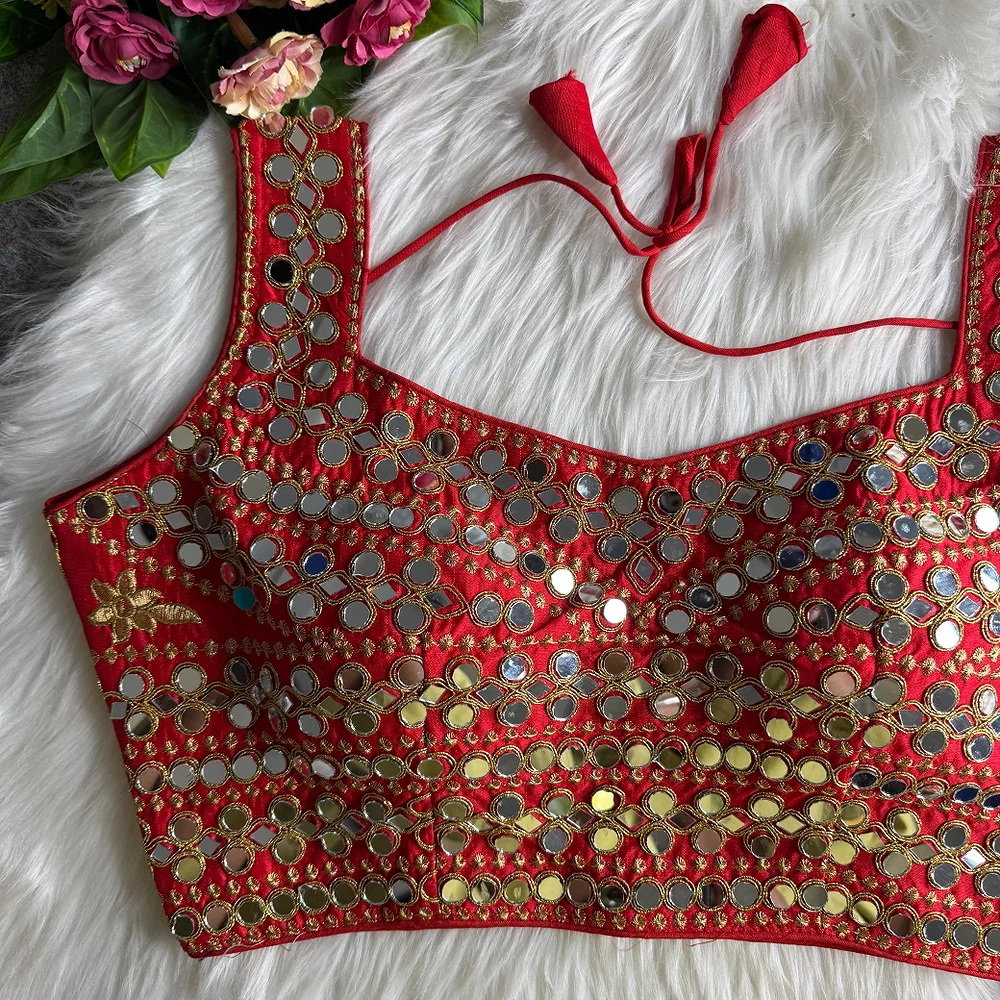 Red Color Real Mirror Work Bollywood Partywear Blouse — view 2