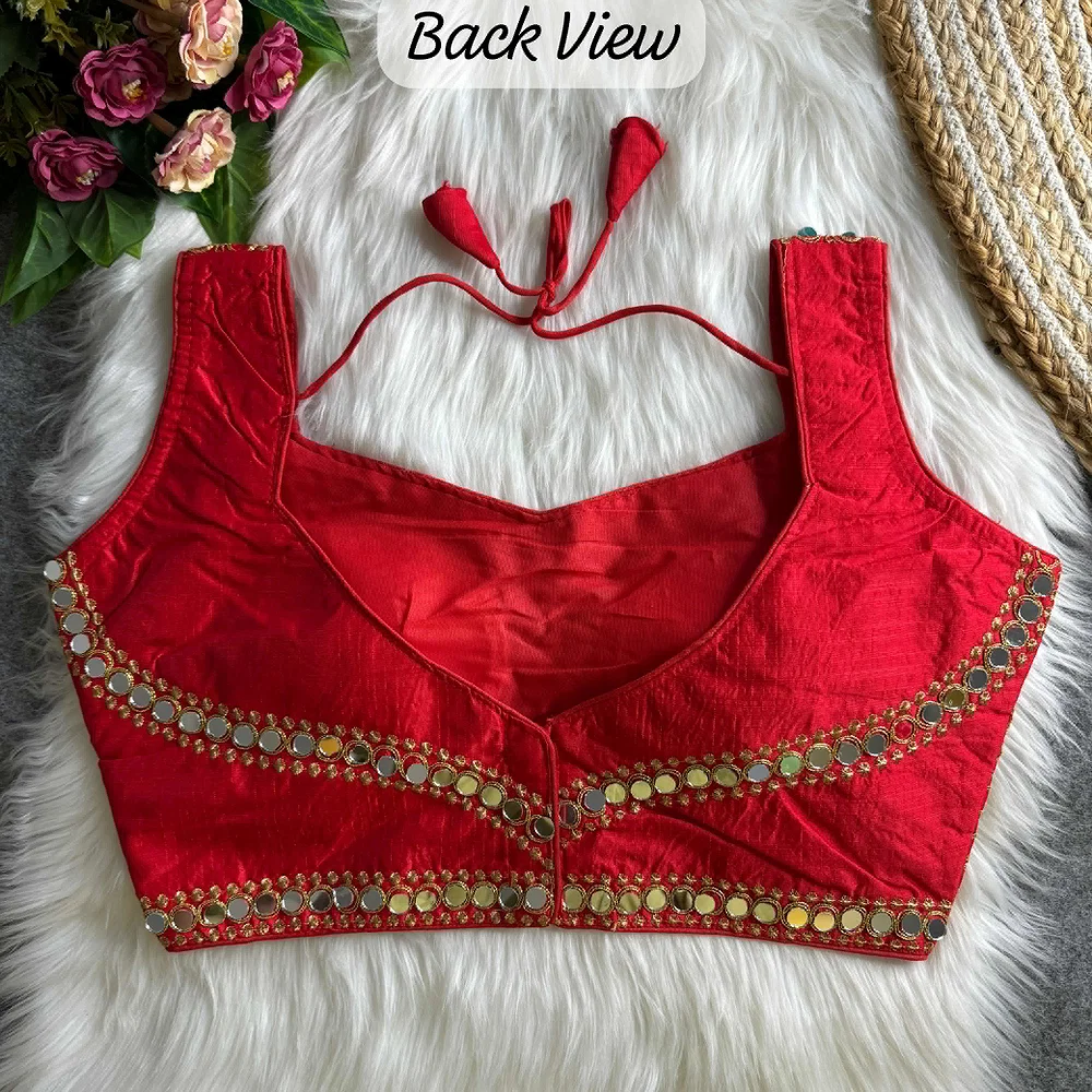 Red Color Real Mirror Work Bollywood Partywear Blouse — view 3