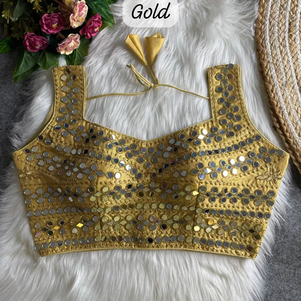 Gold Color Real Mirror Work Bollywood Partywear Blouse