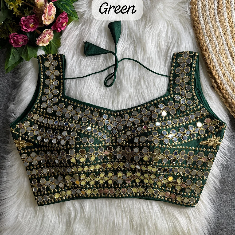 Green Color Real Mirror Work Bollywood Partywear Blouse — view 1