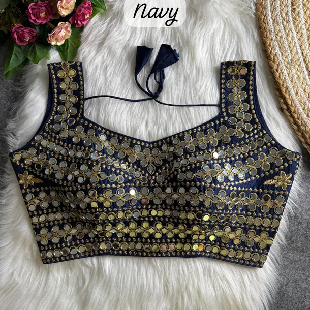 Navy Color Real Mirror Work Bollywood Partywear Blouse