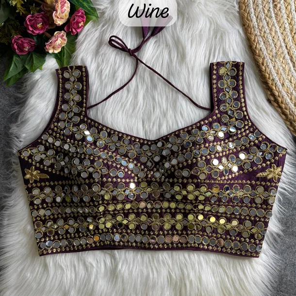 Wine Color Real Mirror Work Bollywood Partywear Blouse