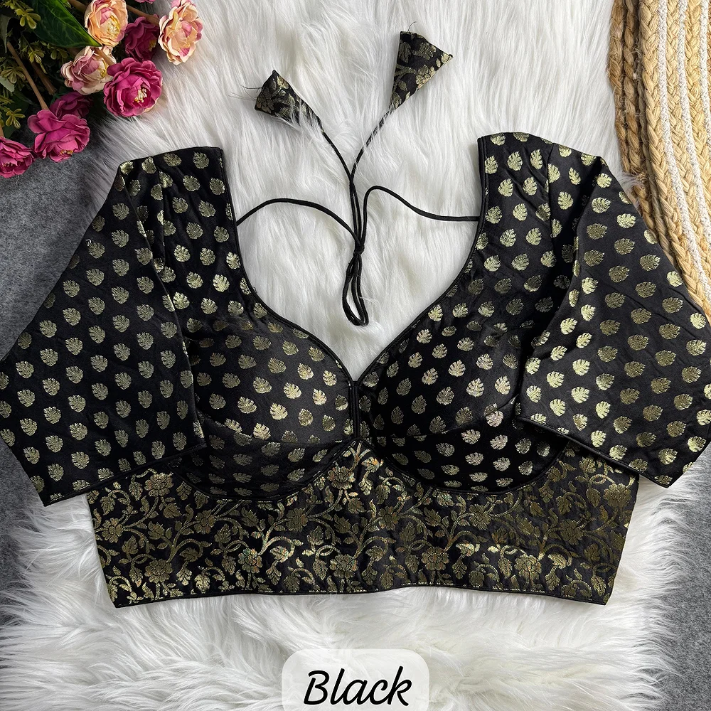  Black Color Sabyasachi Style Pure Nylon Jacquard Partywear Blouse with Heavy Padding — view 1
