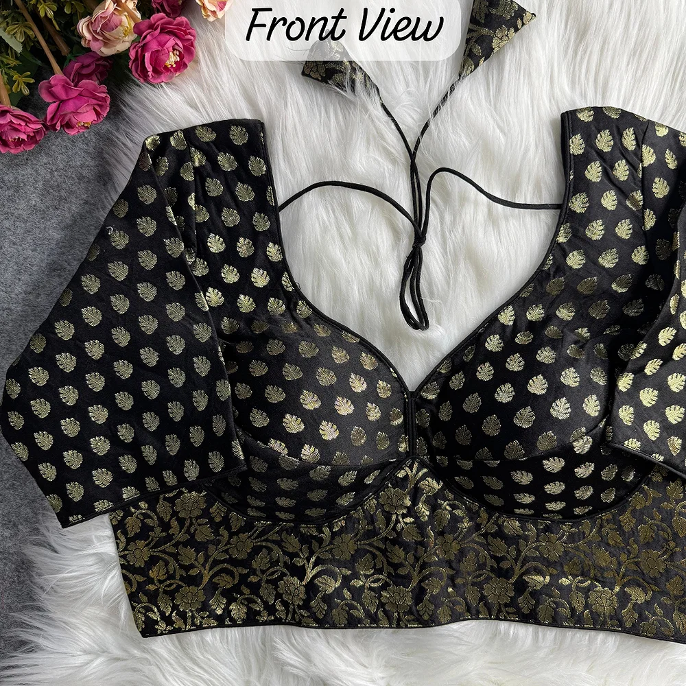  Black Color Sabyasachi Style Pure Nylon Jacquard Partywear Blouse with Heavy Padding — view 2