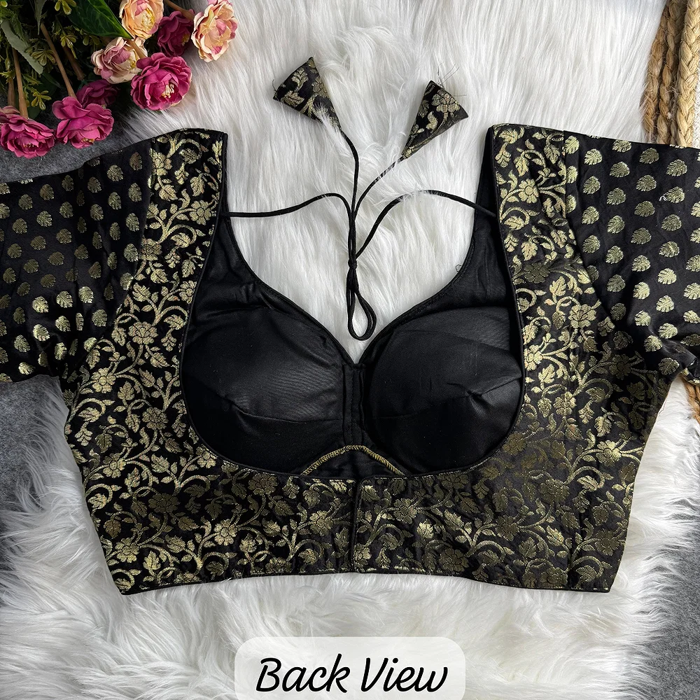  Black Color Sabyasachi Style Pure Nylon Jacquard Partywear Blouse with Heavy Padding — view 3