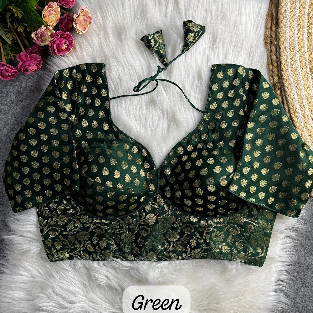 Green Color Sabyasachi Style Pure Nylon Jacquard Partywear Blouse with Heavy Padding — view 1