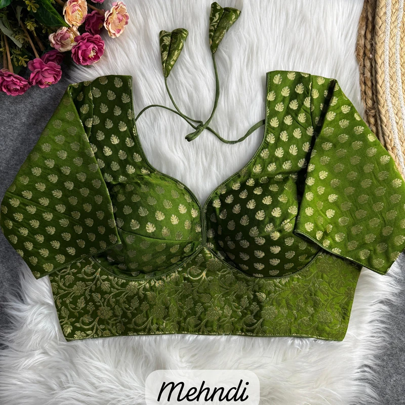 Mehndi Color Sabyasachi Style Pure Nylon Jacquard Partywear Blouse with Heavy Padding
