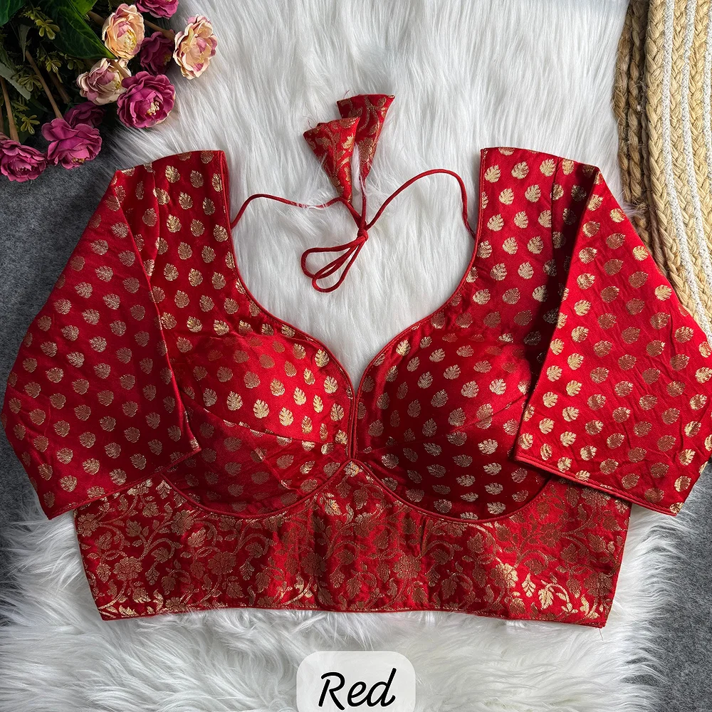 Red Color Sabyasachi Style Pure Nylon Jacquard Partywear Blouse with Heavy Padding — view 1