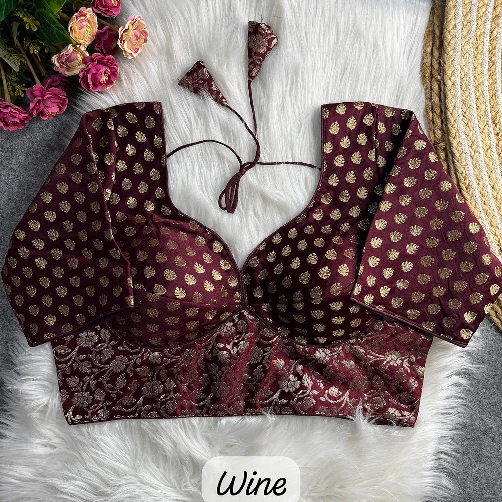 Wine Color Sabyasachi Style Pure Nylon Jacquard Partywear Blouse with Heavy Padding — view 1