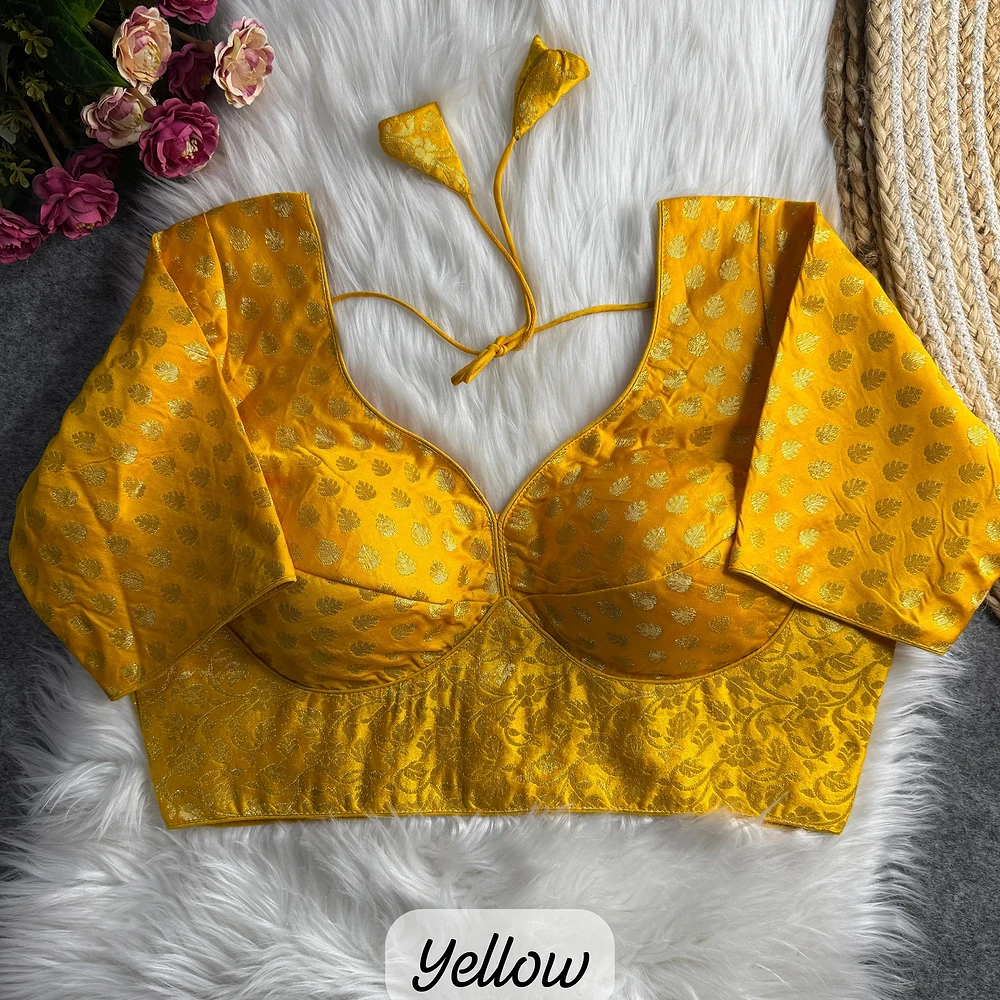 Yellow Color Sabyasachi Style Pure Nylon Jacquard Partywear Blouse with Heavy Padding — view 1