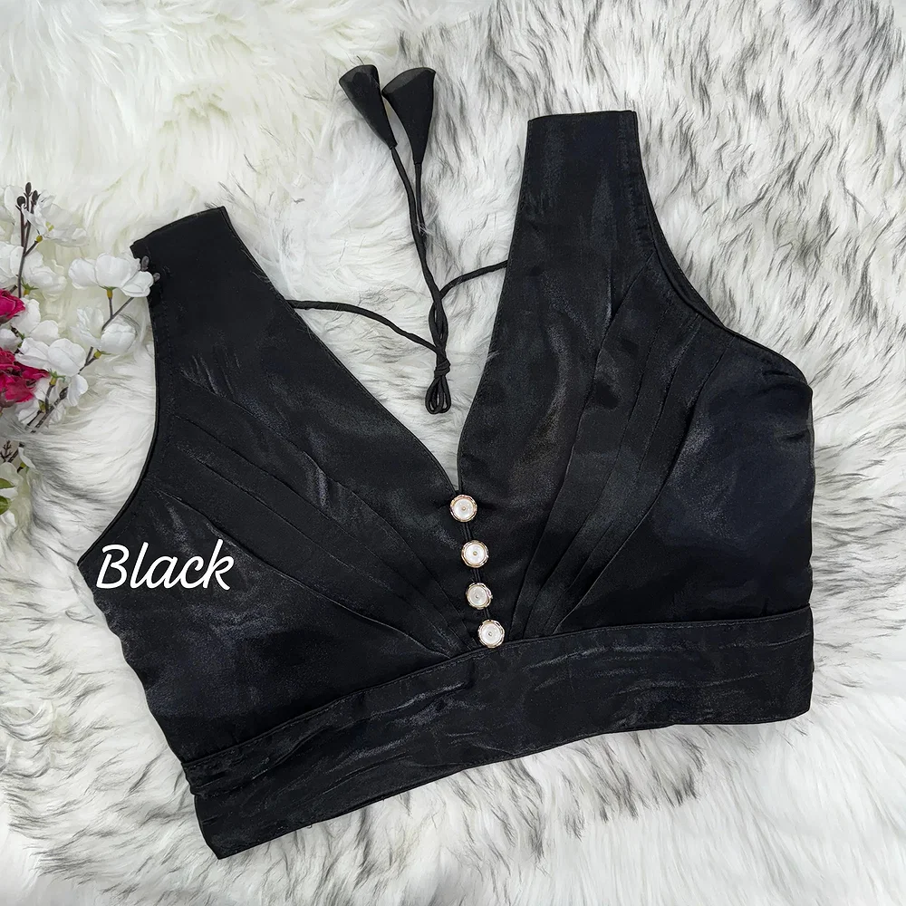 Black Elegant Zimichoo Pleated Design Partywear Blouse with Heavy Padding — view 1