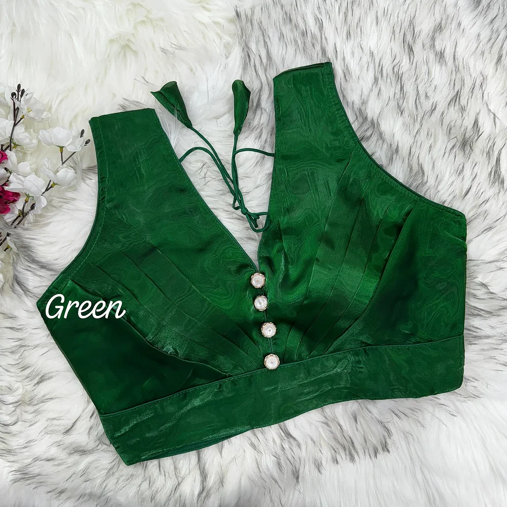 Green Elegant Zimichoo Pleated Design Partywear Blouse with Heavy Padding — view 1