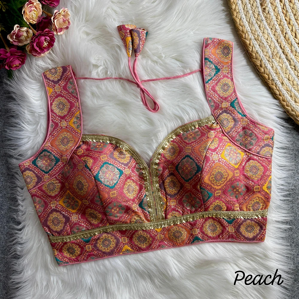 Peach Color Silk Rapier Jacquard Partywear Blouse with Back Open Style — view 1