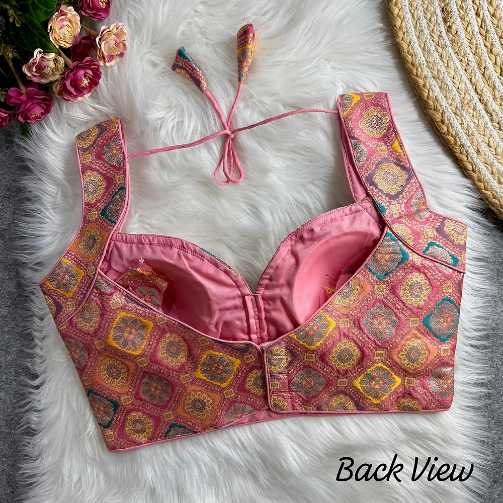 Peach Color Silk Rapier Jacquard Partywear Blouse with Back Open Style — view 2