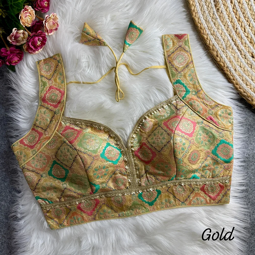 Gold Color Silk Rapier Jacquard Partywear Blouse with Back Open Style — view 1